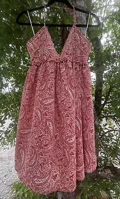 ZARA Textured Flutter Mini Dress Red Paisley V Neck Open Back Boho Medium Beach • $25