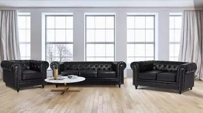 Chesterfield Sofa Suite Black Faux Leather Armchair Couch | 1 2 & 3 Seater Sets • £539