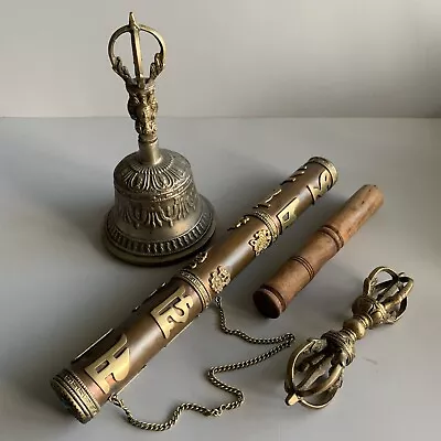 $58 • Buy Tibetan Buddhist Bronze Bell 9” And Vajra/Dorje 6.5” Scroll Holder 13” LOT Nepal