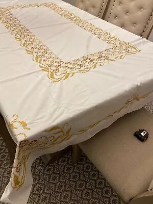 Vintage Tablecloth Cross Stitched Gold Brown On White 56 X 81 • $25