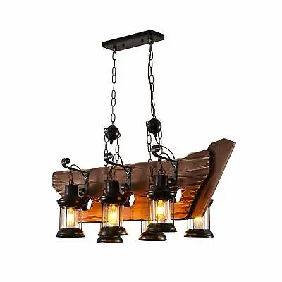 Galley Iron And Wood Glass Cylinder Shade Island Ceiling Chandelier Light 6xE27 • £184.95