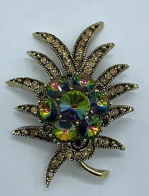 HTF Vintage Signed Weiss Brooch Pin Green Aurora Topaz Rhinestones Beautiful • $59.48