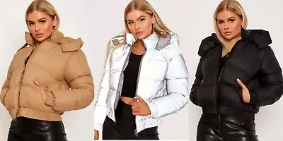 Uk Womens Ladies Reflective Quilted Coat Puffer Padded Crop Hooded Jacket Parka • £29.99