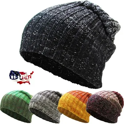 Tri Tone Ribbed Knit Slouchy Beanie Baggy Style Skull Cap Winter Unisex Ski Hat • $7.99