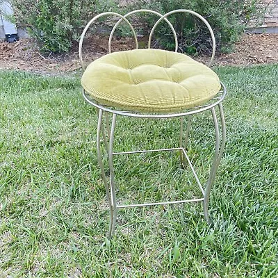 VTG MCM Vanity Stool Boudoir Chair Hollywood Regency Brass Finish Green Pad - HN • $80