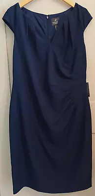 NWT Adrianna Papell Women's 14 Navy Blue Pleated Side Wrap Sheath Cap Sleeves • $28