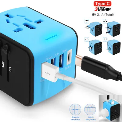 $25.99 • Buy International Travel Adapter 3 USB & Type-C Wall Power Charger 3.4A World Plug