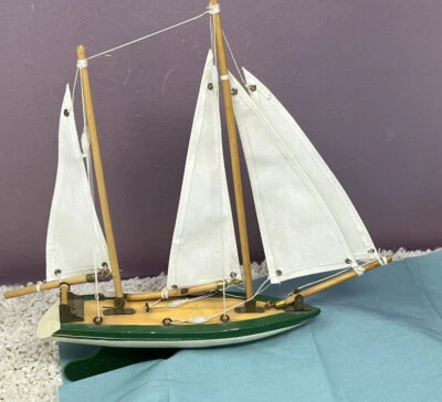 $35 • Buy Wood Sailboat W Canvas Sails & Rope Green & White Collectible No Base