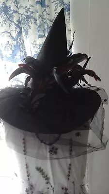 Witches Hat Feathers Spiders Halloween Gothic Hat Accessories • £10