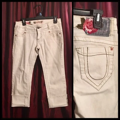 $7 • Buy Low-rise Jeans Juniors 7 Freestyle Ivory Stretch Denim Pedal-pusher Frayed Hem