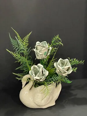 Money Roses With White Ceramic Swan Table Top Decoration • $75