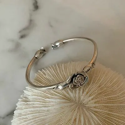 925 Sterling Silver Retro Rose Cuff Bangle Vintage Flower Women Jewelry Bracelet • $7.01