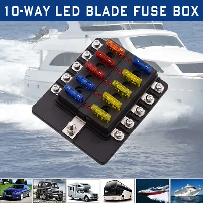 10-Way Blade Fuse Box Fuse Block Holder With Fuses For 12V 24V Car Marine  • $18.56