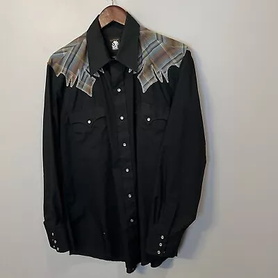 VTG Karman Western Men's Sz 17 35 Pearl Snap Rodeo Shirt Black Colorful Pattern • $17.95