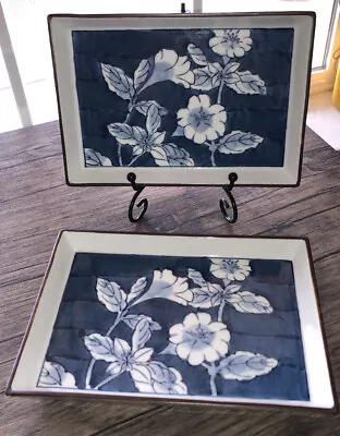 Vintage Blue Floral Ceramic Vanity Trinket Tray Set Of 2 Stamped Pretty! • $12.50