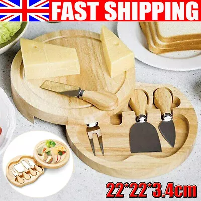 Bamboo Cheese Board Knife Set Round Charcuterie Board Set 4 Knifes Warming Gifts • £15.90
