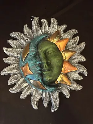 Celestial Folk Art Pottery Anthropomorphic Sun Moon Face Sculpture Copper Brass • $34.95