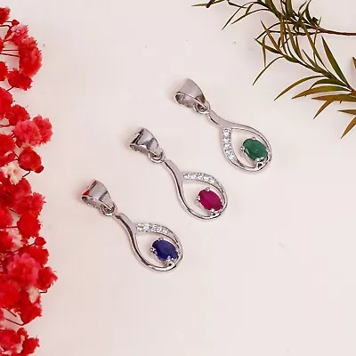 4x6mm Ruby Emerald & Sapphire Gemstone In Solid 925 Silver Pendant Fine Jewelry • $34.45