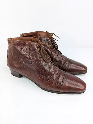 Size 39 Vintage Ladies Brown Animal Skin Laceup Leather Ankle Boots • $55