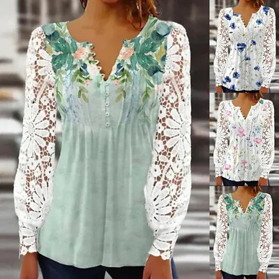 Womens Floral V Neck Tops Ladies Lace Long Sleeve T-Shirt Casual Loose Blouse • £15.29