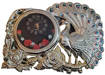 Vintage 1970s King Wall Clock Quartz PEACOCK Butterfly Hand Roses  Works Tested • $74.99