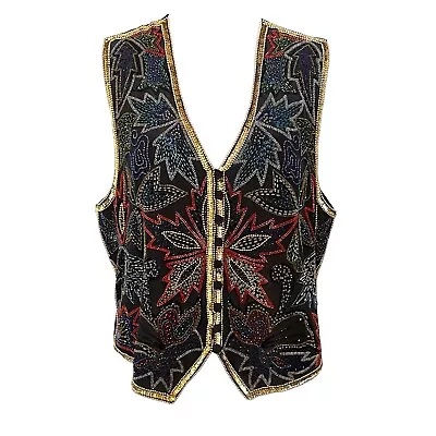 Spenser Jeremy Vintage Floral Leaf Floral Beaded Sequin Silk Vest Size Large • $29