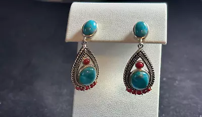 Vintage Sterling Silver Turquoise And Coral Dangle Pierced Earrings • $43