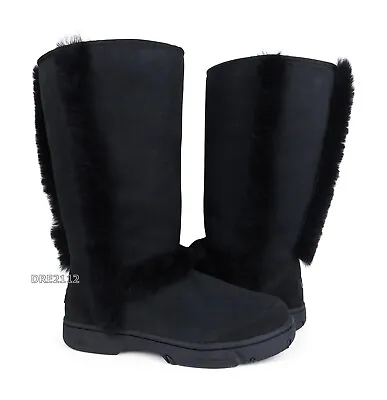 UGG Sunburst Tall Black Suede Fur Boots Size 7 -NIB- • $199.45