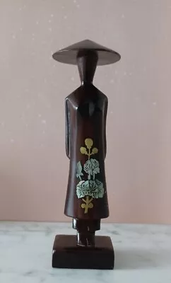 Vintage Vietnamese Mahogany Wood Figurine With Mother Of Pearl Flowers Big Hat  • $25.99