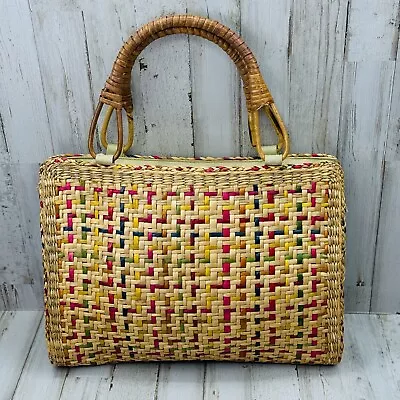 Vintage 80’s Retro Knit Bamboo Handle Rattan Straw Clutch Bag Handbag Purse • $9.74