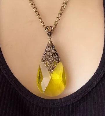 Victorian Revival Necklace Huge Citrine Antique Crystal Lamp Prism Pendant • $26