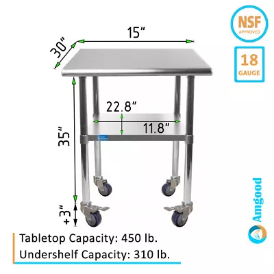 30  X 15  Stainless Steel Table With Wheels | NSF Prep Metal Work Table Casters • $184.95