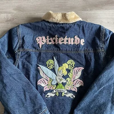 VTG Disney  Sherpa Fur Lined Tinkerbell Pixietude  Denim Jacket Size Large • $52