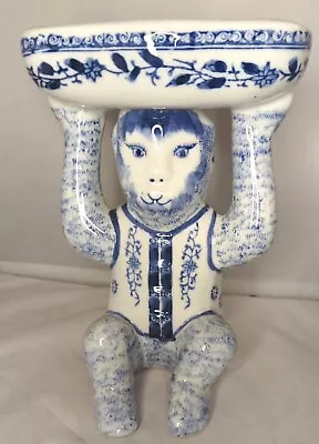 Vintage Chinoiserie Monkey Blue & White Seated Pedestal Soap Dish Bowl 8  Asian • $267.24