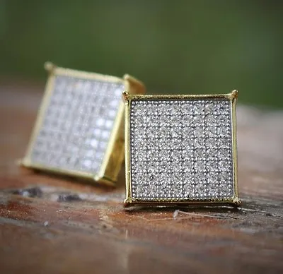 Men's Large Flat Screen Hip Hop Gold Plated Square Cz Stud Earrings • $24.99