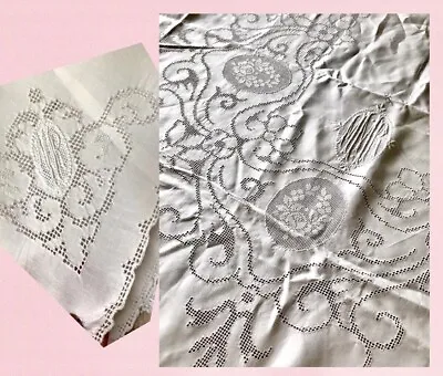 Antique VTG 1920s Punto Tirato *ROSES TROUSSEAU Tablecloth*  & Napkins ITALY • $149