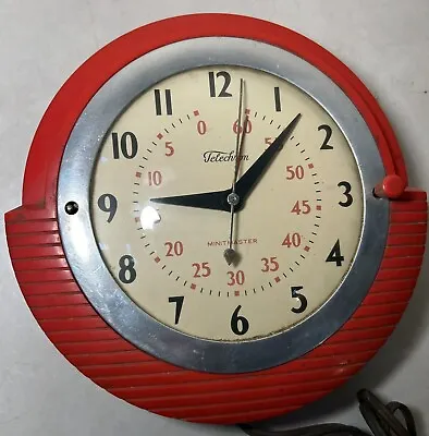 Telechron Minitmaster 2H17 Art Deco Mid Century Modern Wall Kitchen Clock Red • $79.95