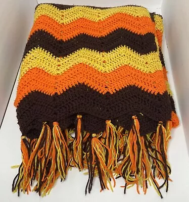 Vtg 70s Chevron Afghan Crocheted Blanket 72 X 70 Zig Zag Fringe Orange Yellow • $29.99