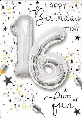 UNISEX 16th BIRTHDAY CARD - AGE 16 - CONTAINS 2 X 30cm SILVER FOIL BALLOONS  • £2.49