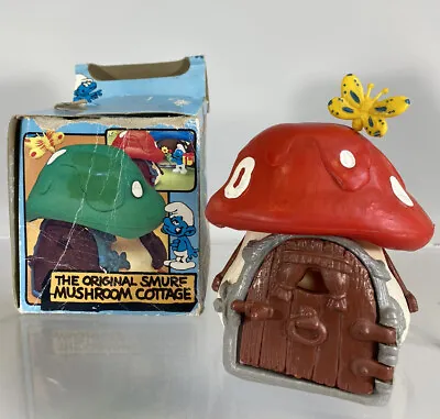 Vintage Smurfs Small Original Mushroom Red Cottage House 1978 Complete With Box • $104.99