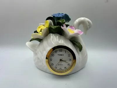VINTAGE TIMEX MINI SWAN CLOCK WITH FLOWERS - New Battery ~ TESTED • $9.99