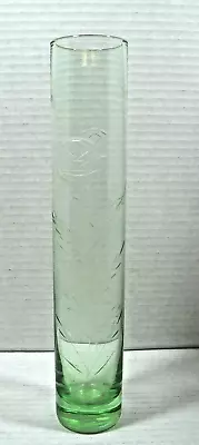 Vintage Green Depression Glass Tall Bud Vase With Etched Roses Design. • $16