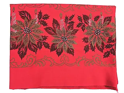 Vintage Red Christmas Tablecloth Gold Poinsettias Silver Candles 50  X 63   • $22.50