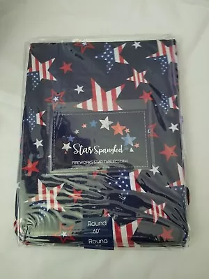 60  Round Tablecloth  NAVY BLUE  RED & WHITE USA  FIREWORKS STARS • $16.99