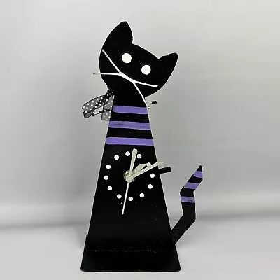 Oxidos Handmade Metal Black Cat Purple Stripes Whimsical Clock Tested Art Piece • $33