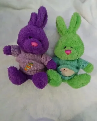 Walmart 2000 Easter Bunny Rabbit Plush Purple & Green Wearing Sweater Lot Of 2 • $18