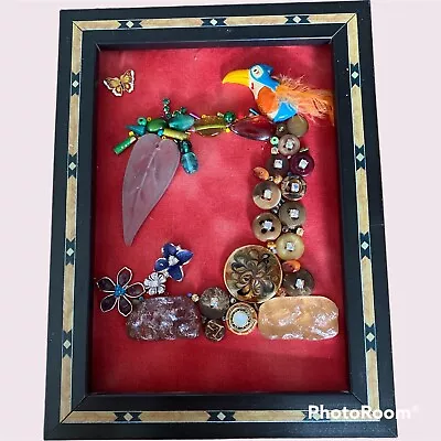 FRAMED JEWELRY ART OOAK Recycle Upcycle Vintage Bird Tree Outdoors Nature Toucan • $19.91