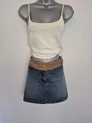 Vintage Topshop Mini Denim Skirt With Tan Pu Leather Waistband Uk Size 12 • £11.77