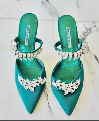 Manolo Blahnik Lurum Crystal Silk Satin Mules Heels Pump Green Size 40 • $350