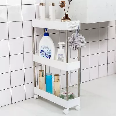 3 Tier Trolley On Wheels Kitchen Storage Cart Slim Bathroom Laundry Storage Rack • £15.98